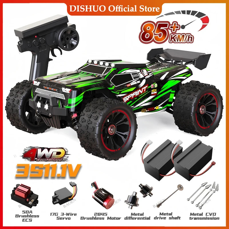 Green and black 1:16 RC buggy with large off-road tires, remote controller, batteries, and spare parts.