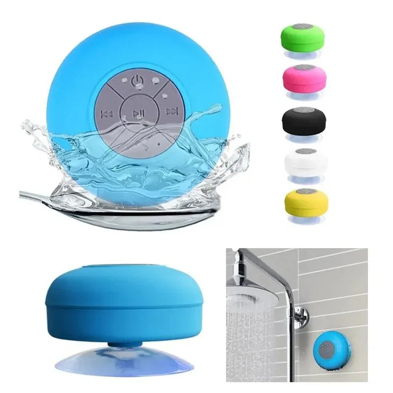 Round, waterproof Bluetooth speaker with a suction cup, shown in blue and other colours for use in the shower.