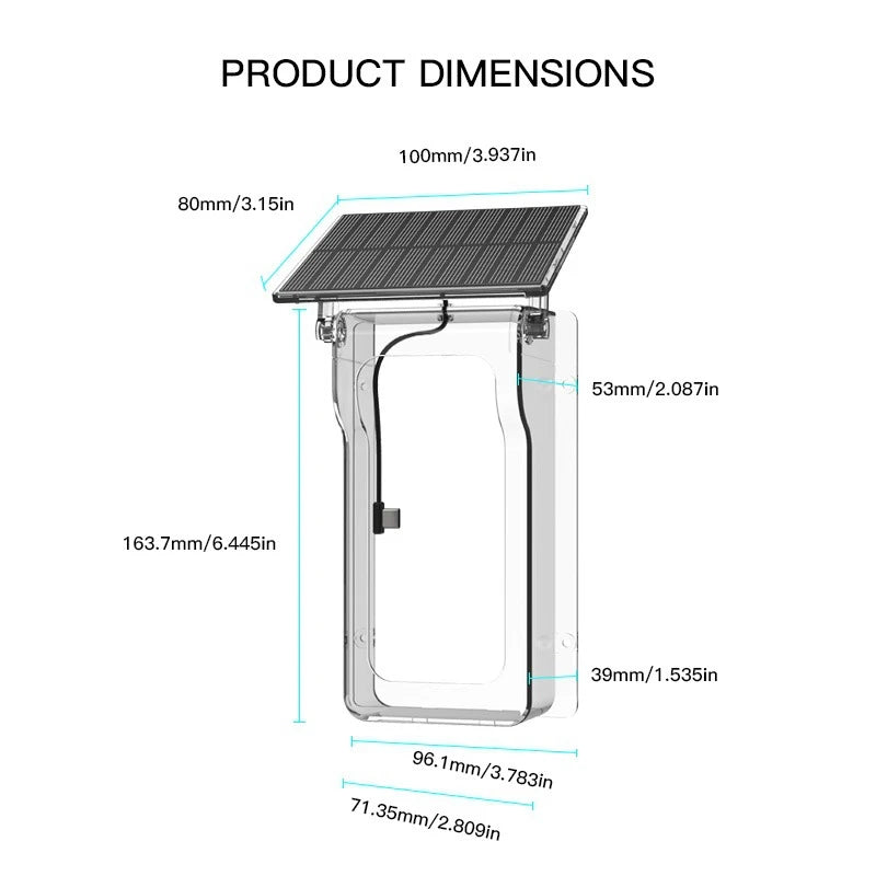 Technical drawing of a clear, rectangular smart doorbell rain shield with an attached black solar panel roof.