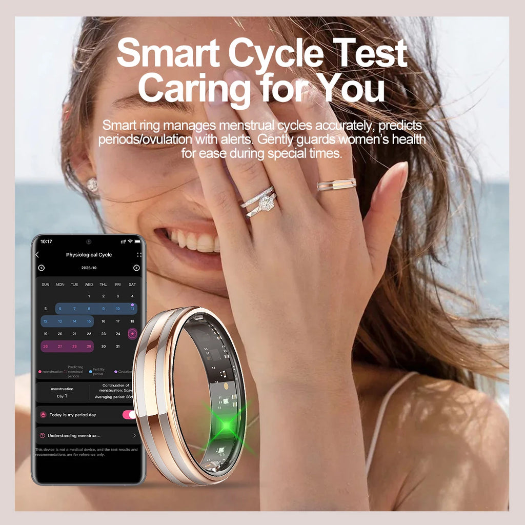 A sleek silver and rose-gold health tracking ring next to a smartphone app showing menstrual cycle data.