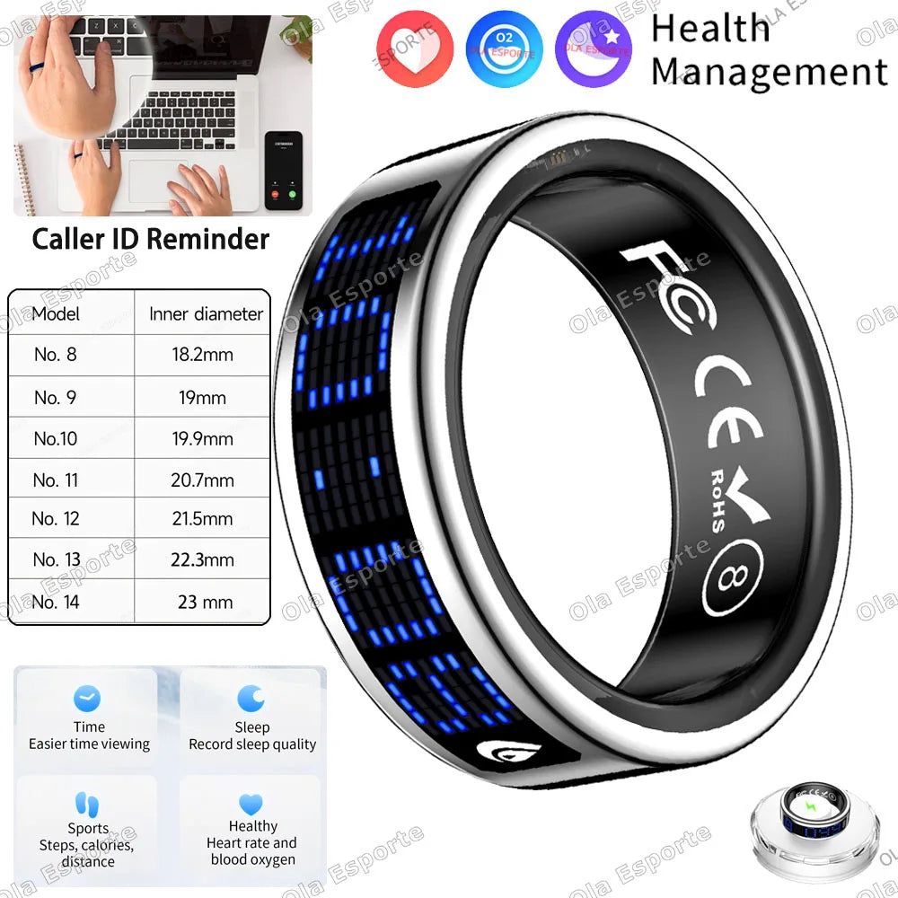 Sleek black smart fitness ring with a blue digital display, showing health and activity tracking icons.