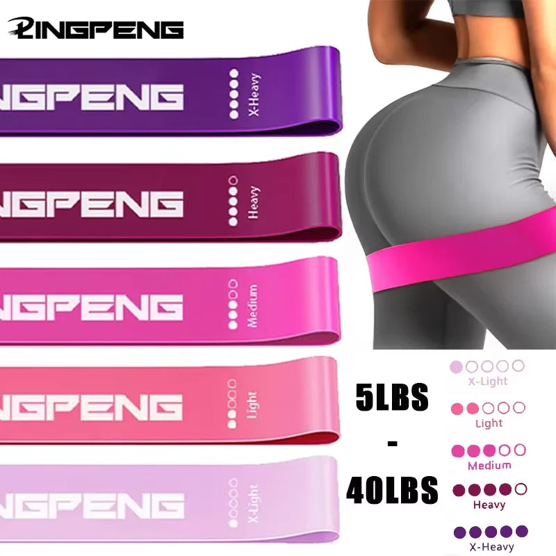 Set of five colourful resistance bands in various strengths from extra-light to extra-heavy, shown in use.