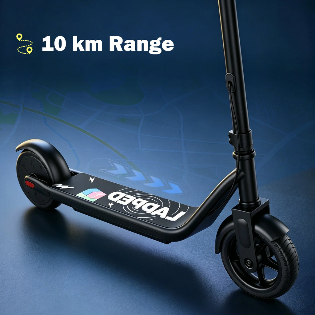 Black folding electric scooter for kids with a deck graphic and "10 km Range" text overlay.