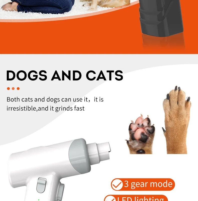 White and grey electric pet nail grinder shown next to a dog paw, highlighting 3-speed settings and LED lighting.