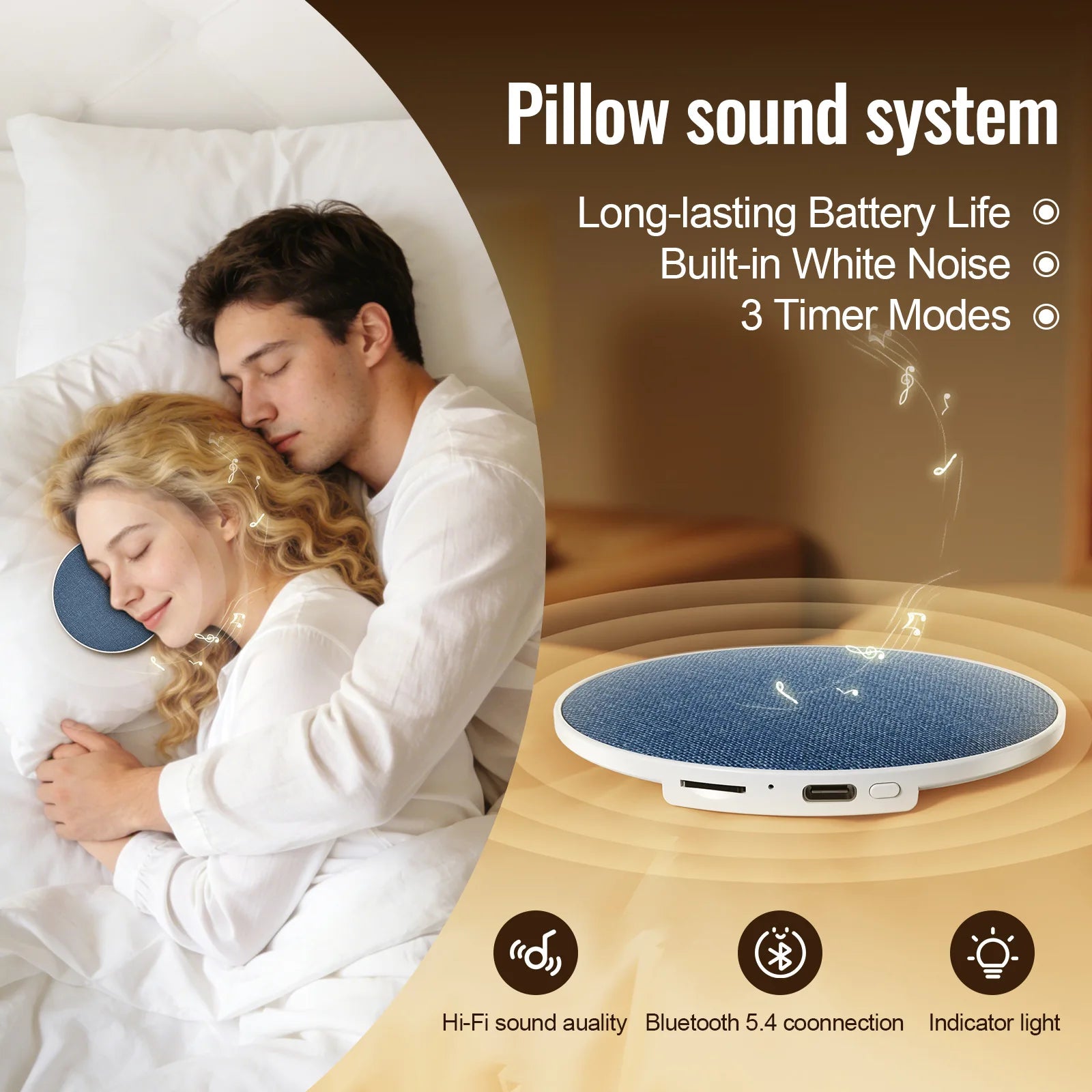 Blue fabric circular wireless under-pillow speaker, shown in use for sleep with white noise and timer features.