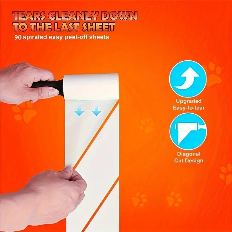 Hand holding a lint roller with white, spiraled easy-peel adhesive sheets on a bright orange background.