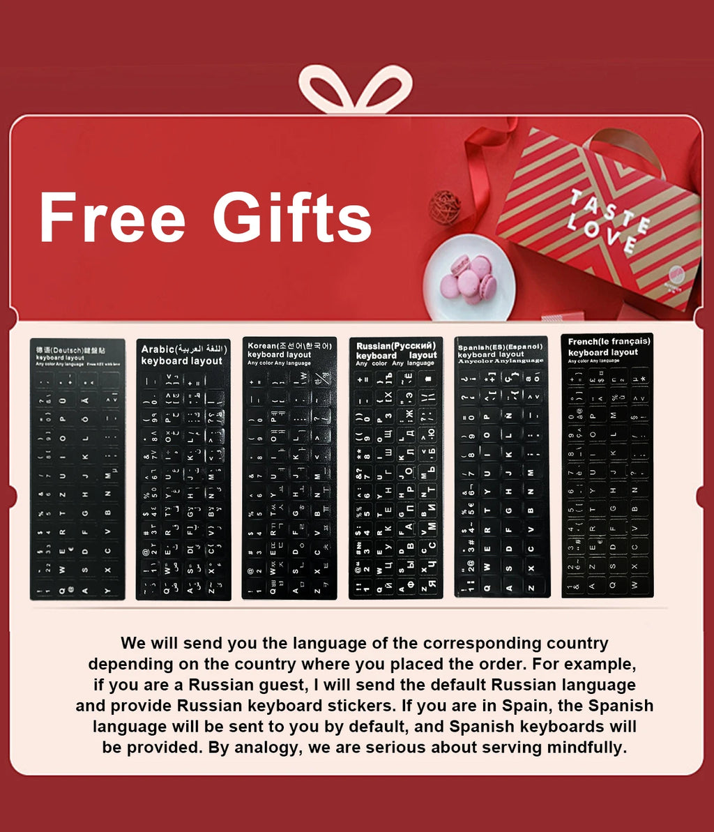 A gift box with a red background, macarons, and a selection of black keyboard language stickers for the laptop.