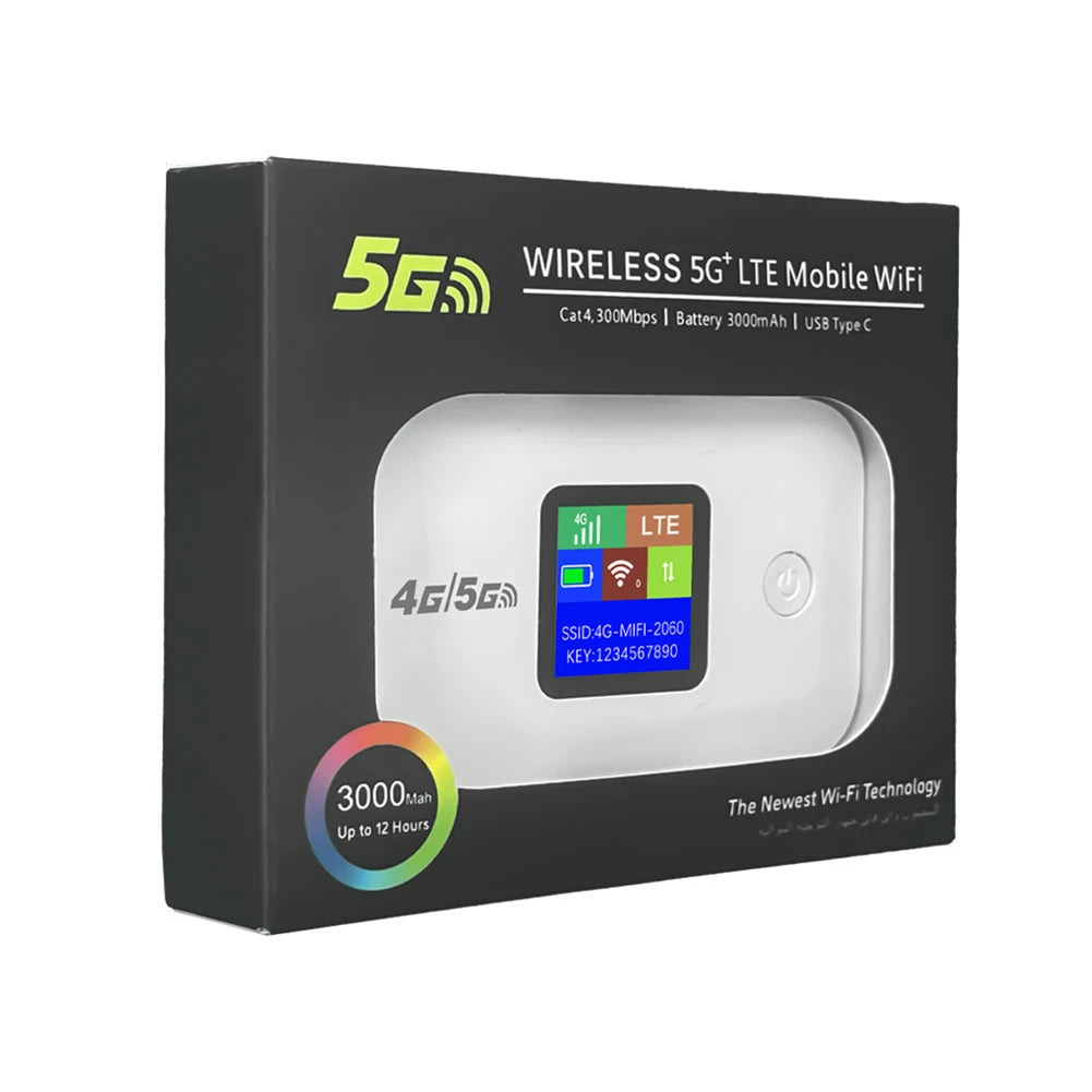 White portable 4G LTE mobile Wi-Fi hotspot in black retail packaging with a digital status display.