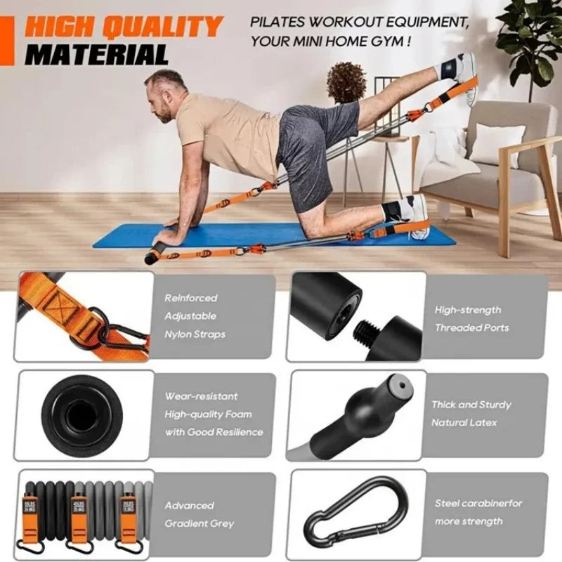 Pilates resistance bar and band kit in orange and grey, featuring durable straps, threaded ports, and steel carabiners.