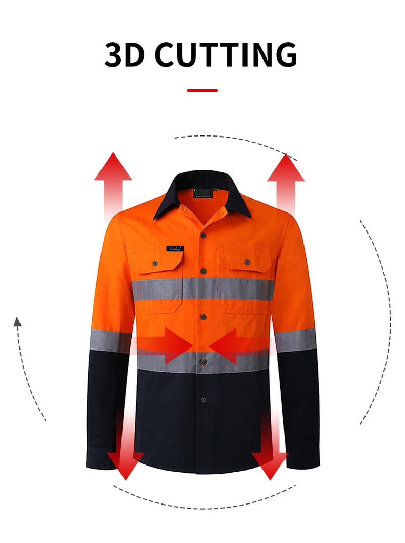 Men’s hi-vis orange and navy long-sleeve work shirt with reflective strips, button-down front and two chest pockets.