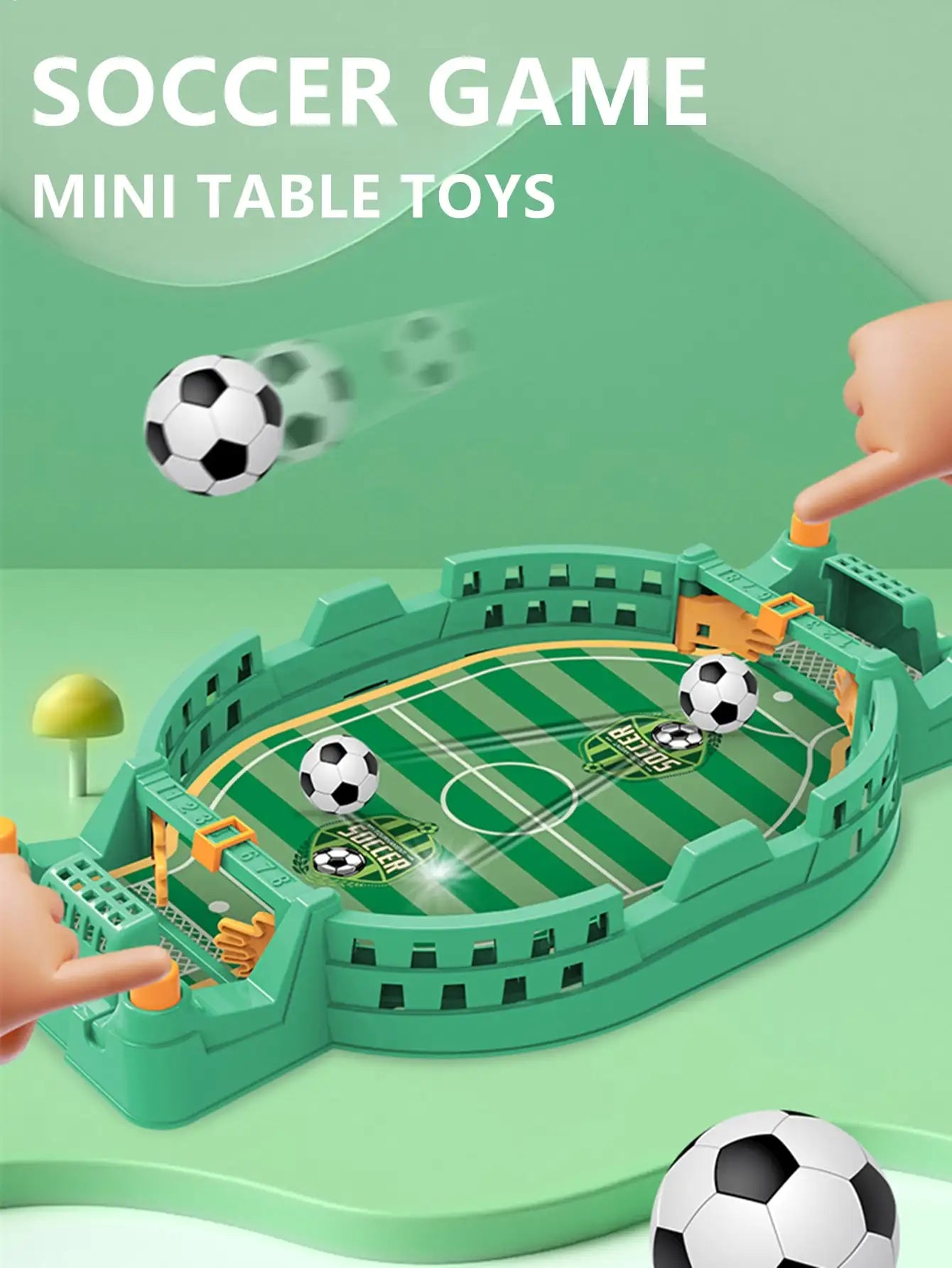 Green mini table football game with two goals, score trackers, and soccer balls for interactive tabletop play.