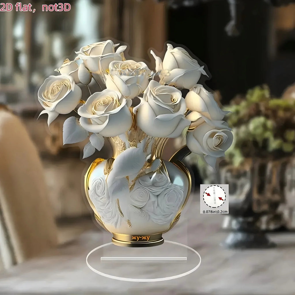 A flat 2D acrylic desk ornament featuring a bouquet of white roses in an ornate white and gold vase on a round base.
