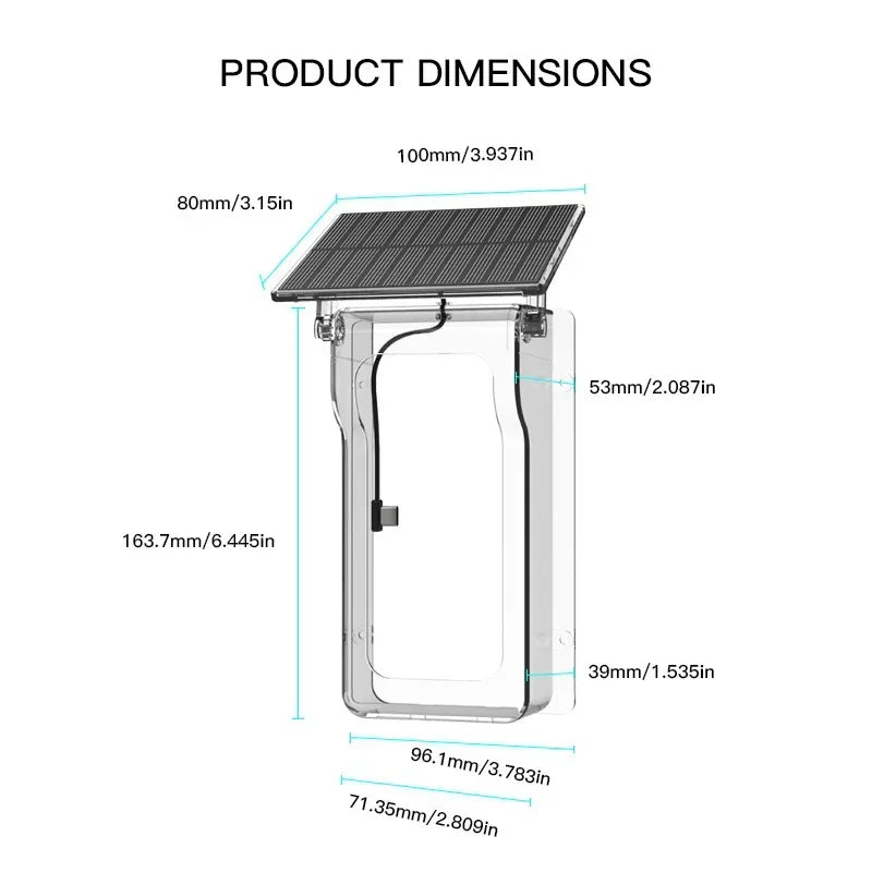 Clear plastic wireless doorbell mount with an integrated solar panel roof, displaying product dimensions in millimetres.