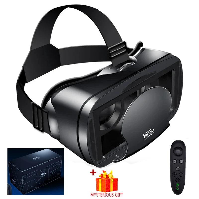 Black VR headset with adjustable strap, handheld remote, packaging box, and a mysterious gift icon on white background.