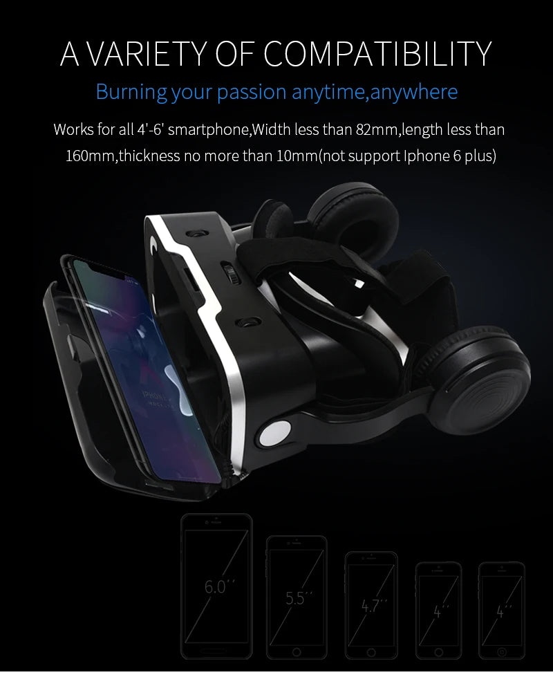 Black and white 3D VR headset with built-in headphones, shown with a smartphone inserted for screen compatibility.