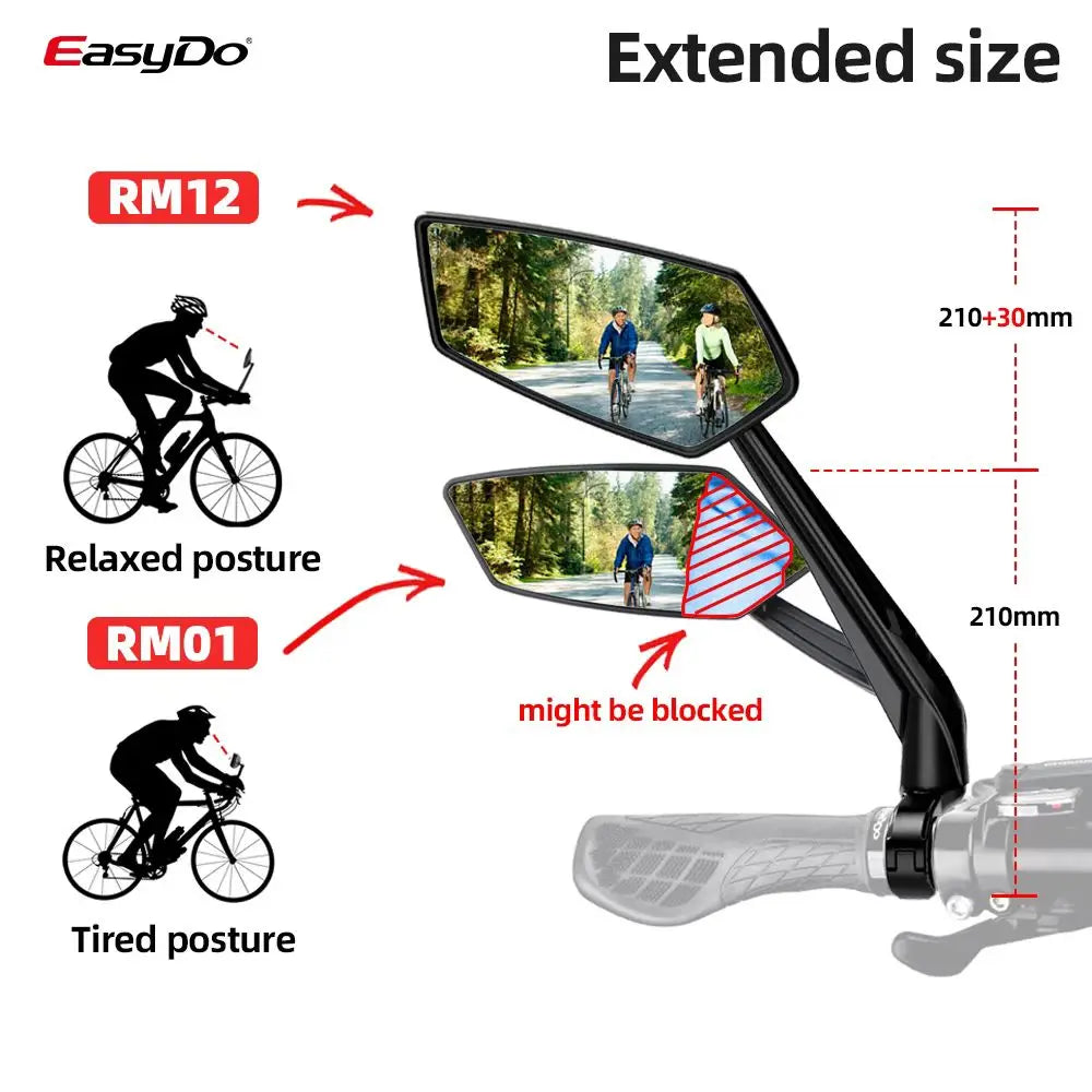EasyDo black bicycle handlebar mirror showing extended size comparisons and rider posture diagrams.