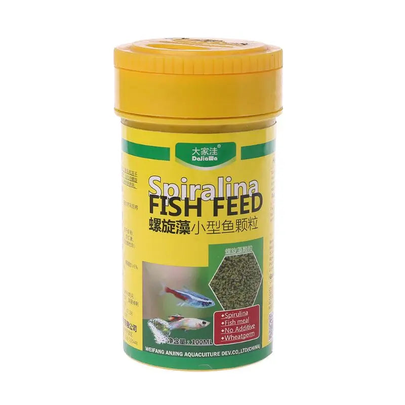 A 100ml bottle of spirulina fish feed pellets in yellow packaging with fish imagery and natural ingredients.