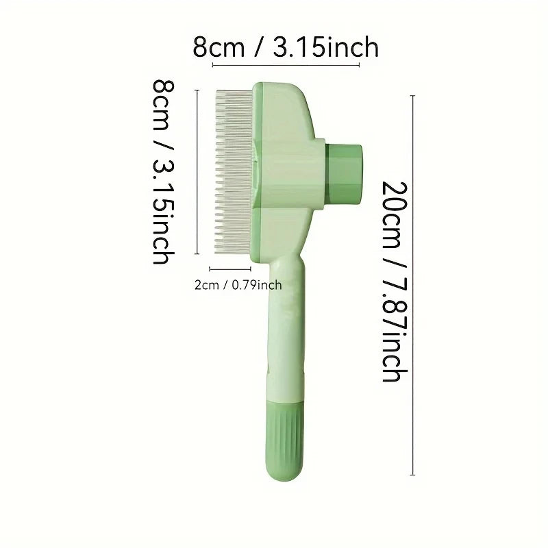 Sage green pet grooming comb with metal teeth, showing dimensions in cm and inches.
