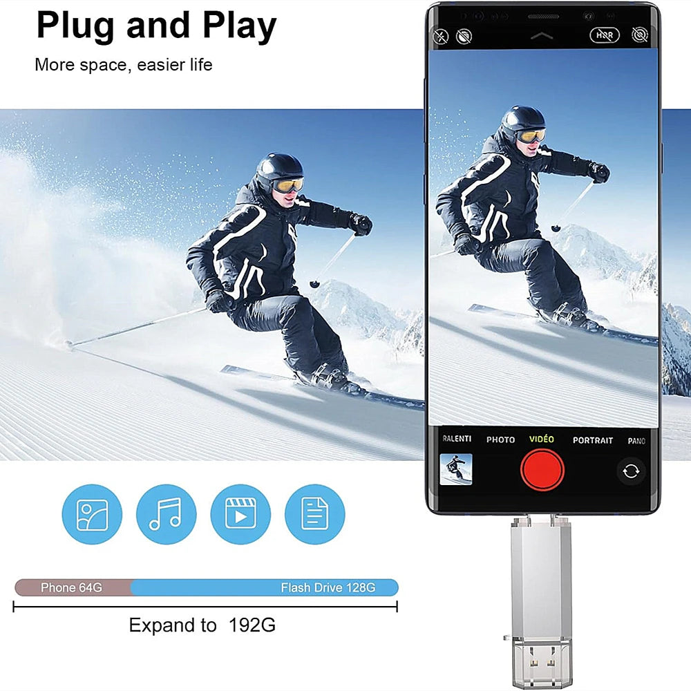 A silver 512GB USB flash drive plugged into a smartphone, showing icons for photos, music, video, and documents.