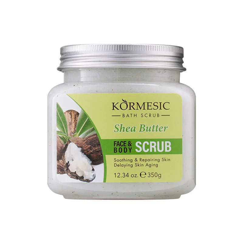 350g shea butter face and body scrub in a square plastic jar with a silver screw-top lid and green label.