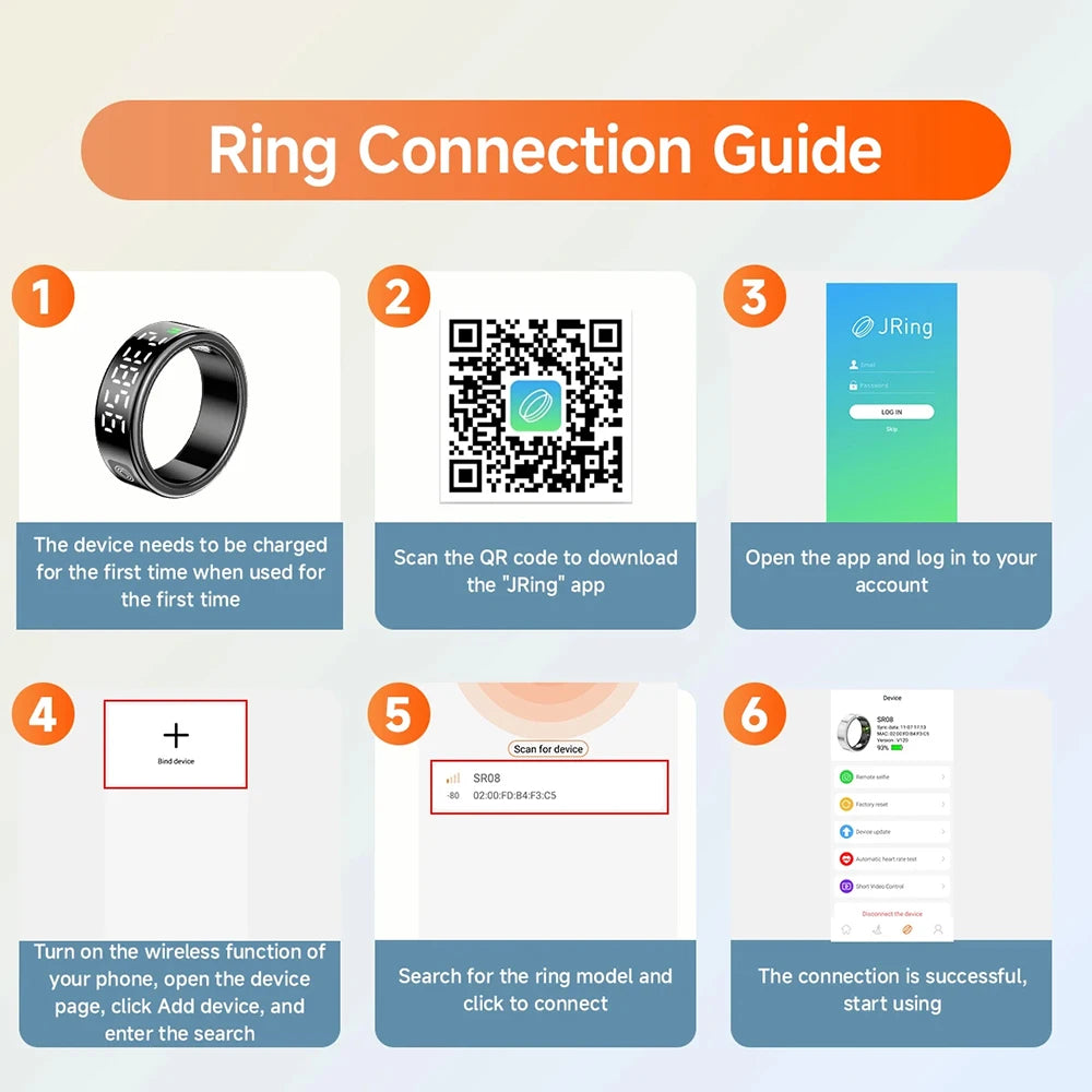 Six-step guide for setting up a black smart health tracking ring, showing the app download and device pairing process.