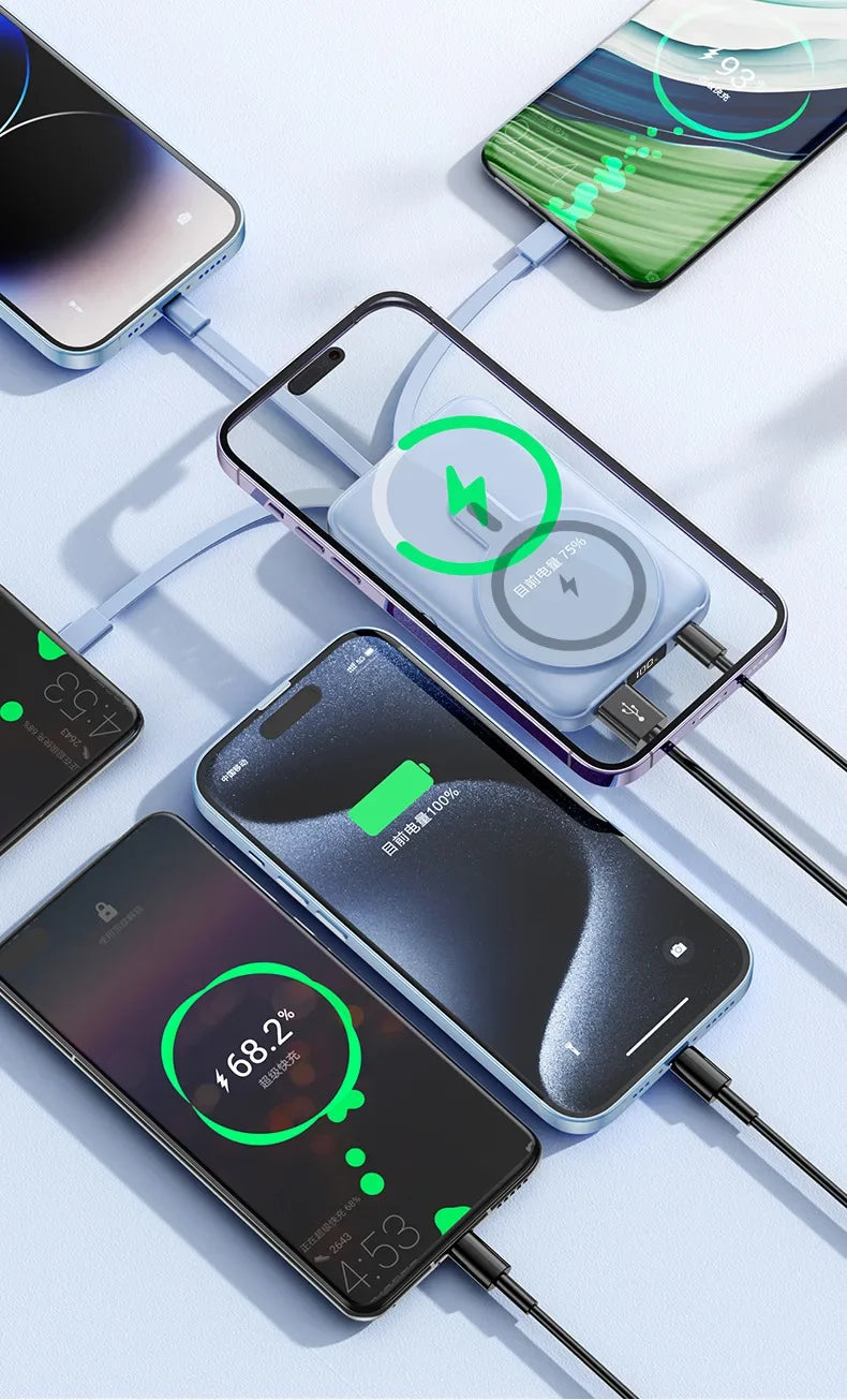 A light blue magnetic power bank wirelessly charging a phone while simultaneously charging other devices via cables.
