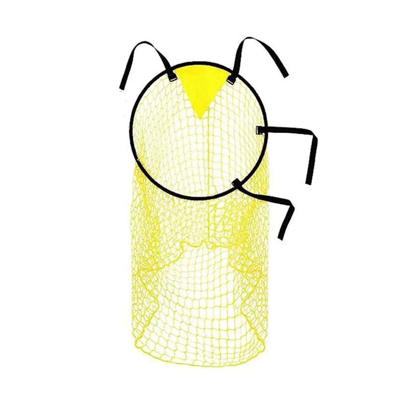 Yellow football goal target net with black frame and attachment straps.