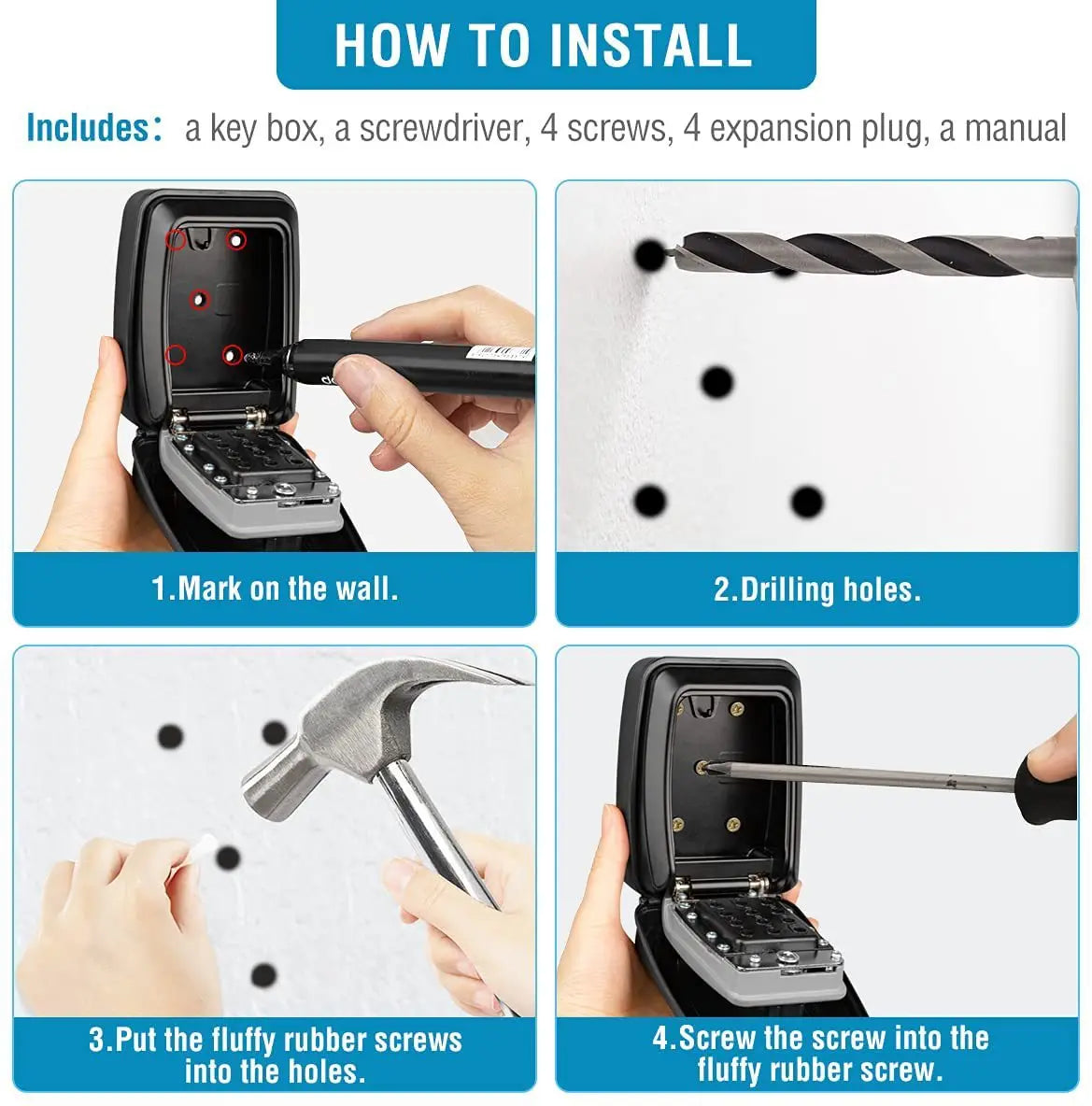 Black metal wall-mounted key storage lock box with installation guide showing steps to drill and screw into a wall.