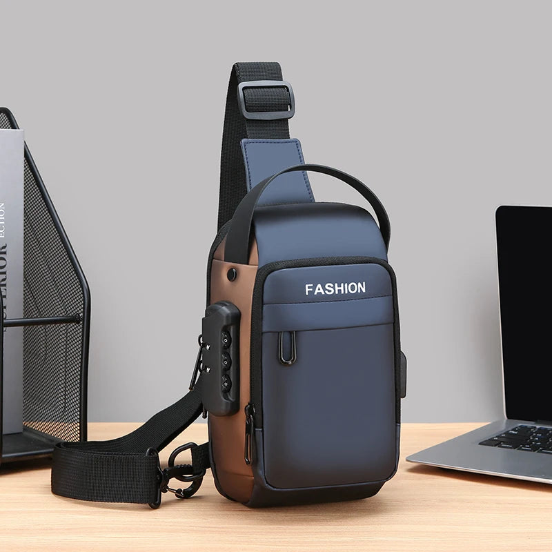 Blue and bronze crossbody chest bag with a combination lock, adjustable strap, top handle, and built-in USB port.