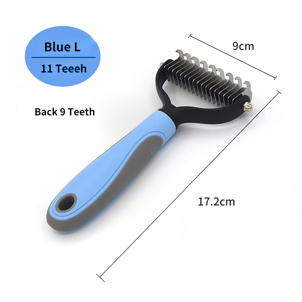 Blue dog grooming rake with a soft-grip handle, featuring 11 front teeth and 9 back teeth for detangling fur.