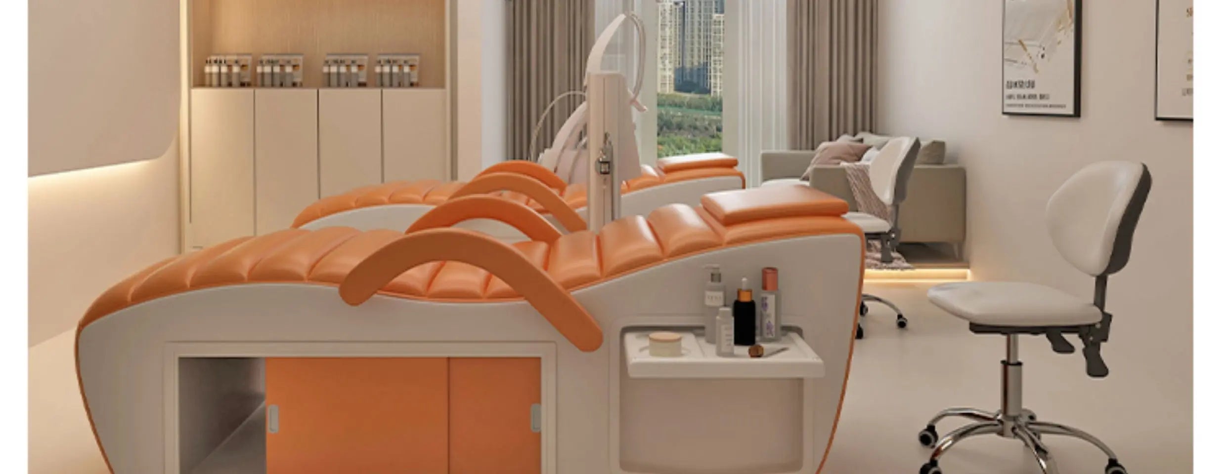 Orange and white professional massage bed featuring a sleek, modern design with convenient integrated storage space.