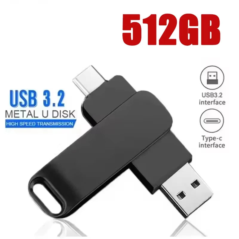 Black 512GB 2-in-1 dual USB 3.2 and Type-C flash drive with a swivel metal design.