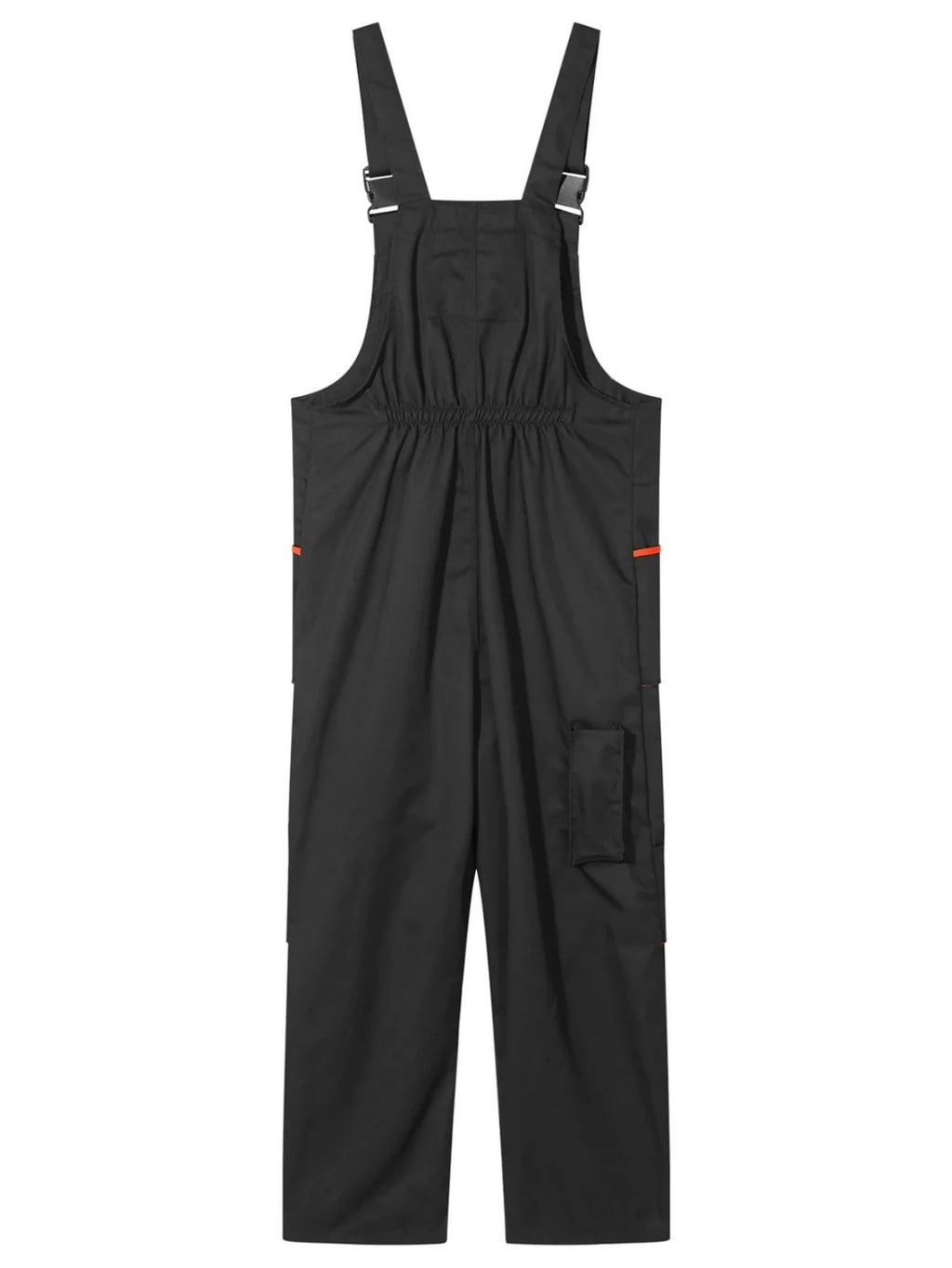 Black heavy-duty workshop dungarees with adjustable buckle straps, elasticated back and practical cargo pockets.