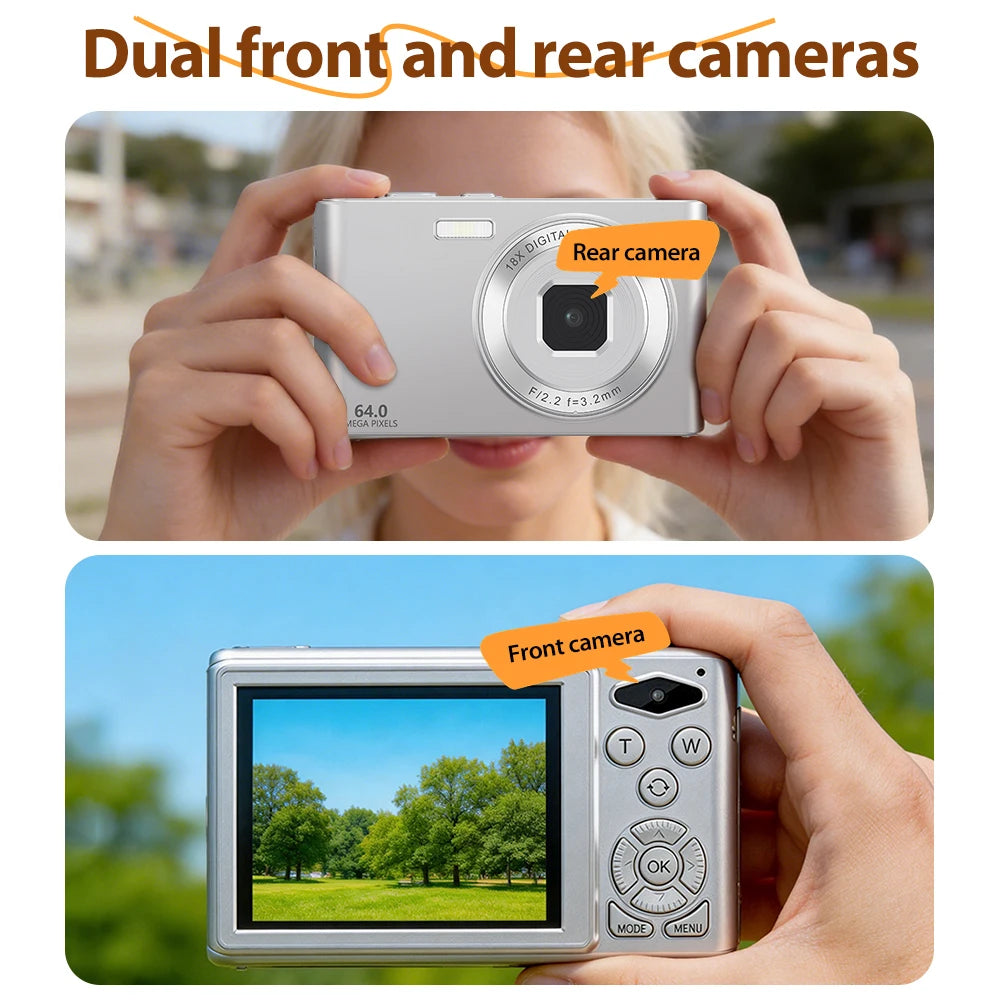 Silver digital camera with dual front and rear cameras, featuring a rear LCD screen and physical control buttons.