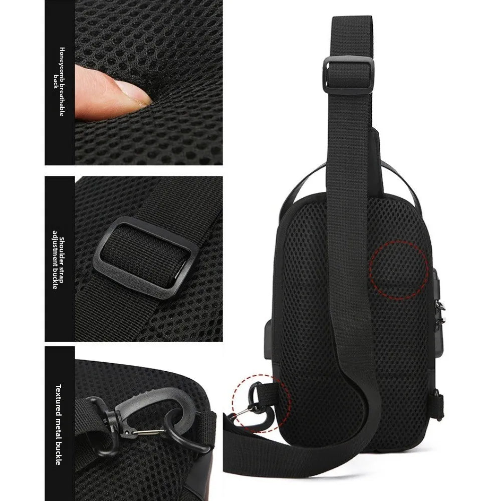 Black men's crossbody chest bag with breathable honeycomb mesh backing, adjustable strap and metal hardware details.