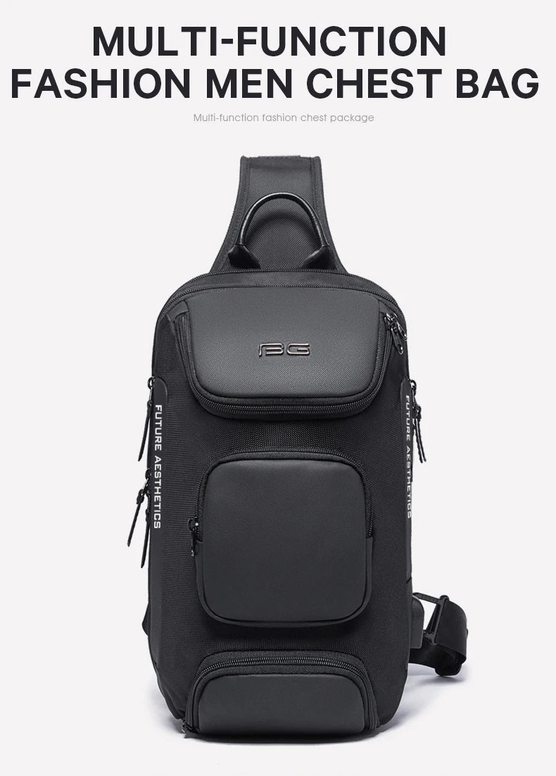 Sleek black, multi-pocket crossbody chest bag with adjustable strap, secure zip compartments, and modern urban style.