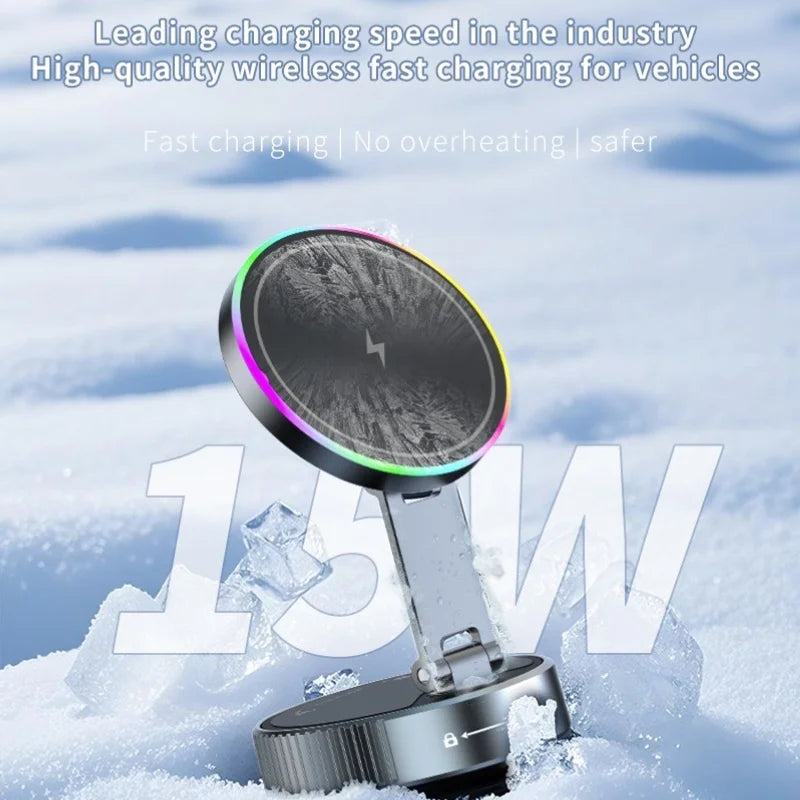 Round metallic car wireless charger with RGB LED rim and adjustable stand, set against a snowy background.