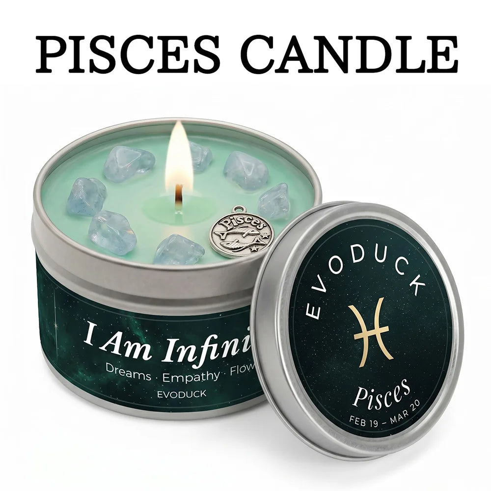 Light green scented candle in a tin featuring Pisces zodiac details, clear crystals, and a small fish charm.