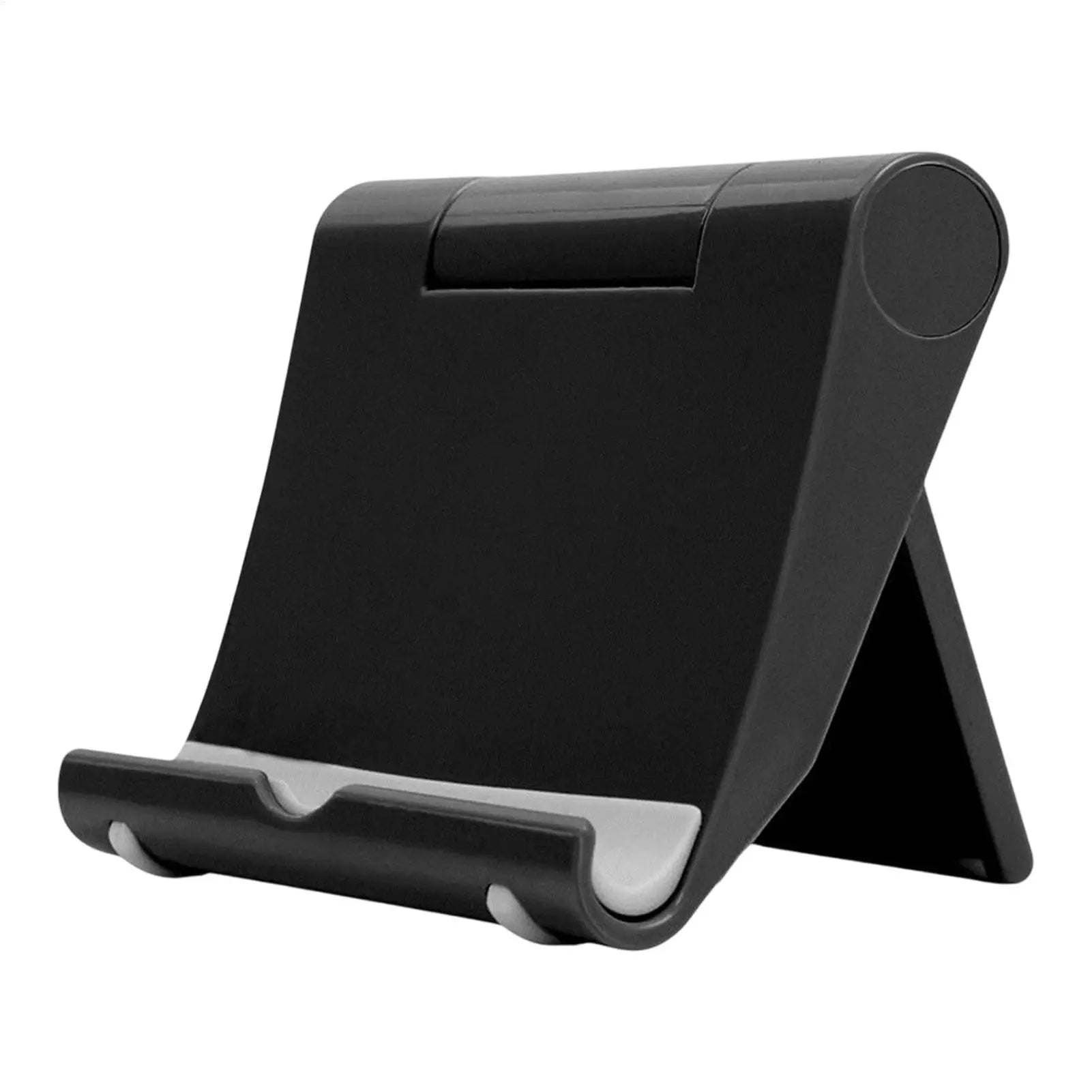 Adjustable black and grey foldable smartphone or tablet stand with a secure anti-slip ledge.