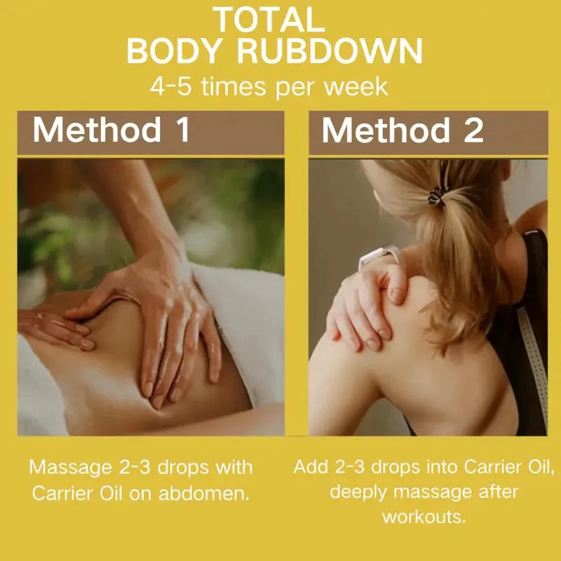Infographic showing two massage methods: applying oil to the abdomen and massaging shoulders post-workout.