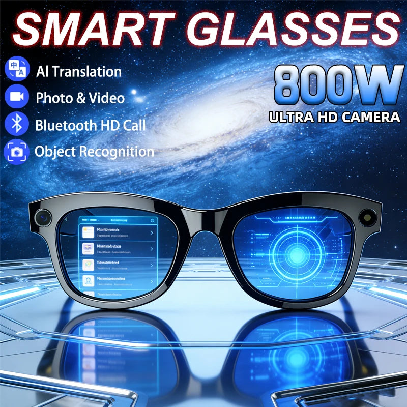 Black smart glasses featuring a built-in camera, digital display lenses, and AI translation and recognition features.