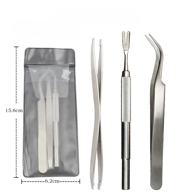 Three silver stainless steel precision craft tools, including a V-tip, curved tweezers, and carry pouch.