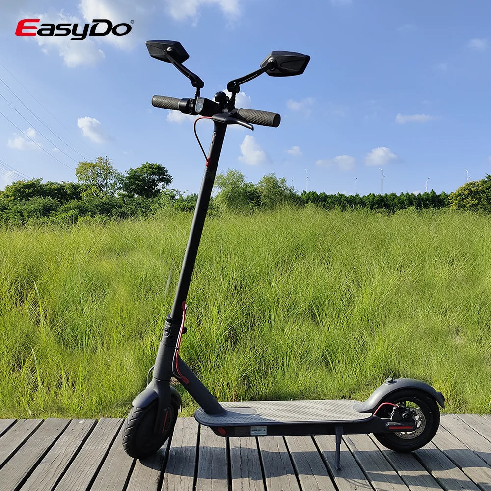 Black electric scooter with two adjustable rearview mirrors mounted on the handlebars, parked outdoors.