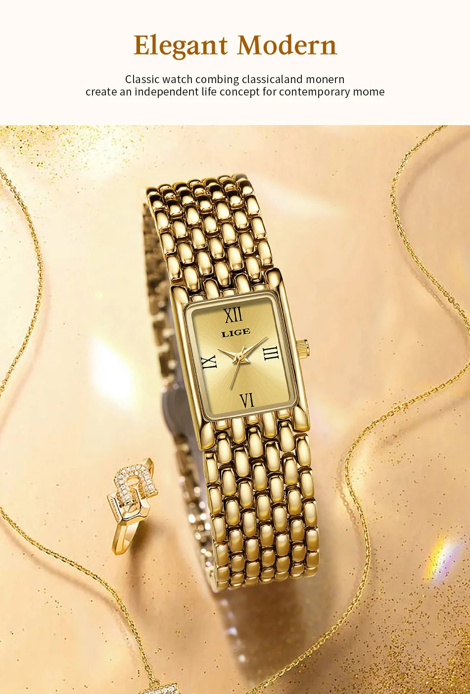 Elegant gold-tone ladies' quartz watch with a square face and a sleek, textured stainless steel bracelet strap.