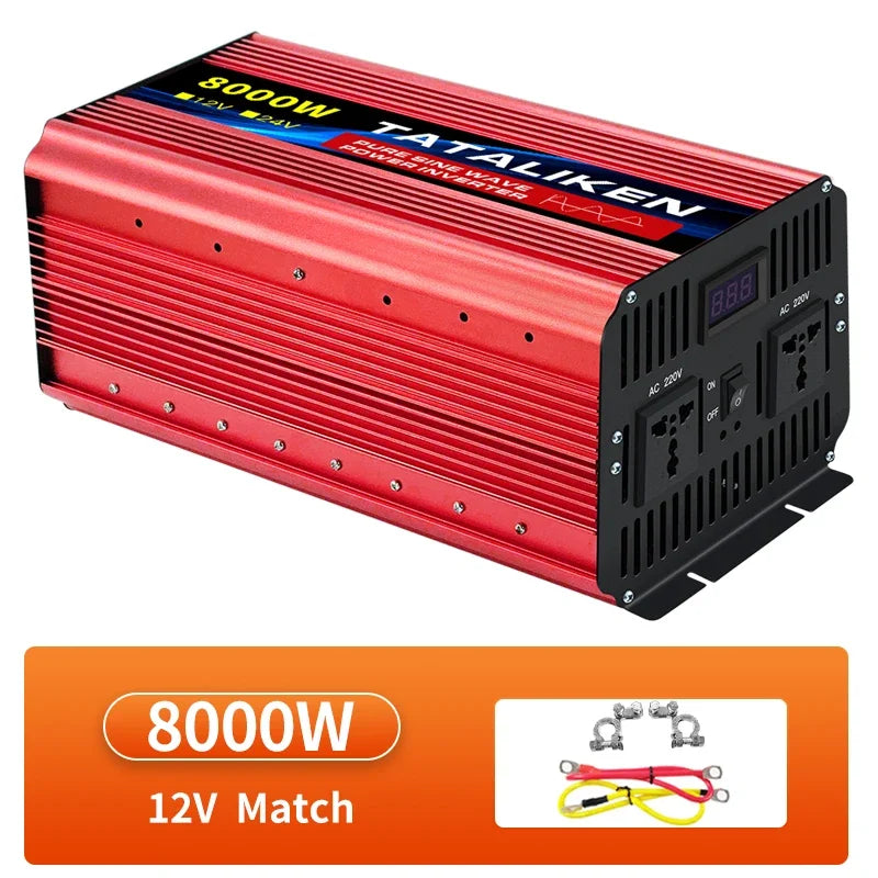 Red 8000W DC to AC pure sine wave power inverter with dual plug sockets, digital display and included battery cables.