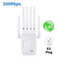 White dual-band WiFi range extender with five external antennas, status lights, and a two-pin EU plug design.