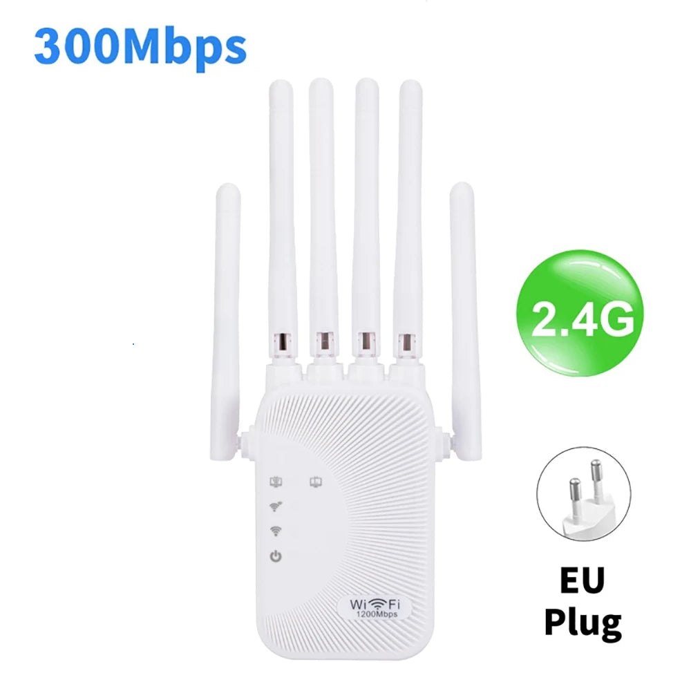 White dual-band WiFi range extender with five external antennas, status lights, and a two-pin EU plug design.