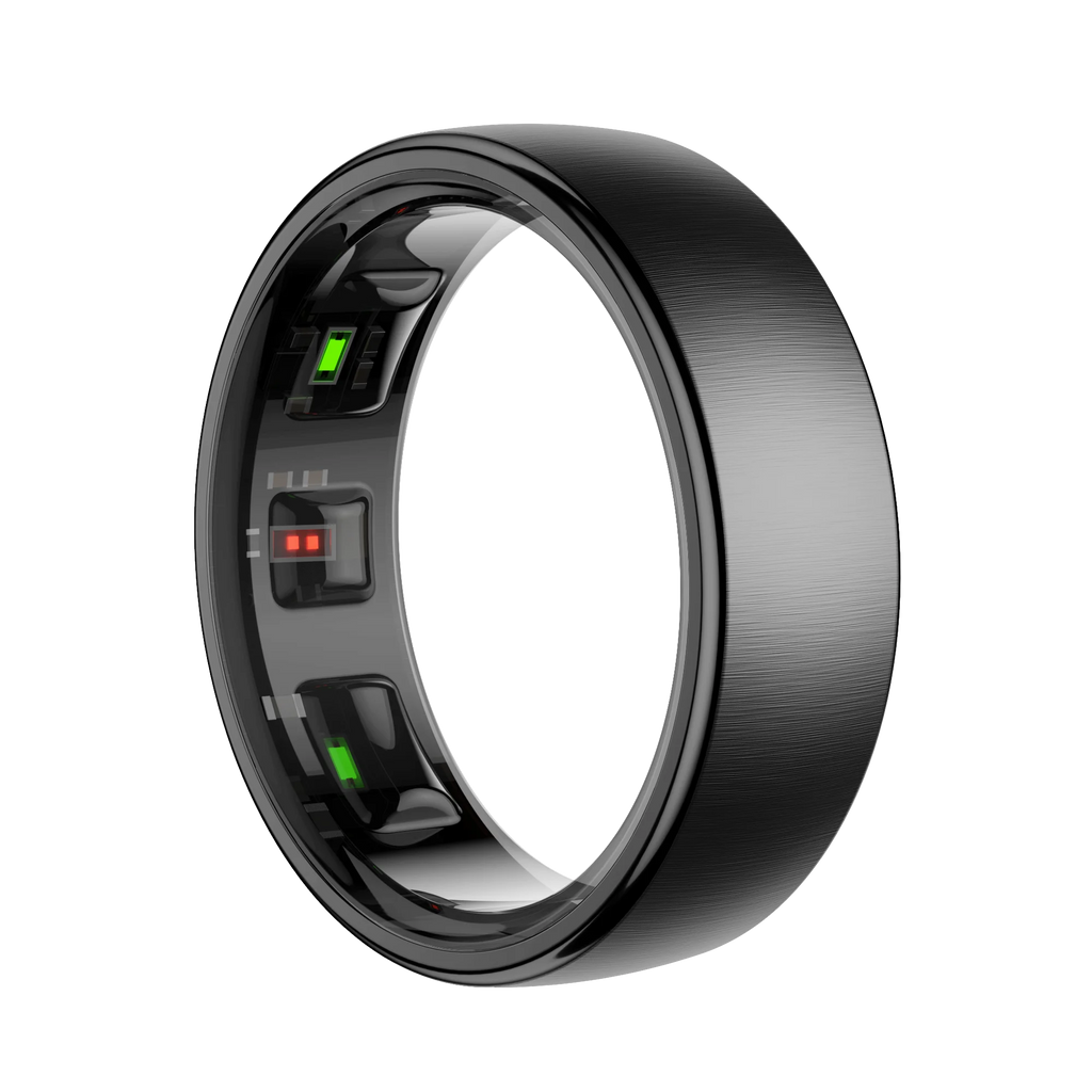 Sleek black smart health and fitness ring with interior sensor lights on a black background.