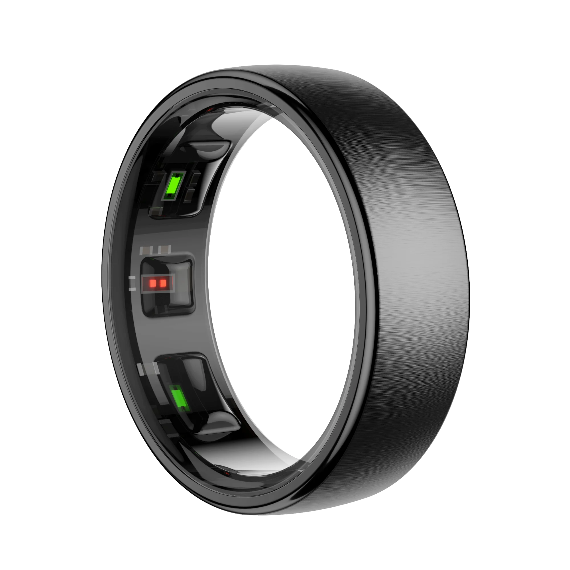 Sleek black smart health and fitness ring with interior sensor lights on a black background.