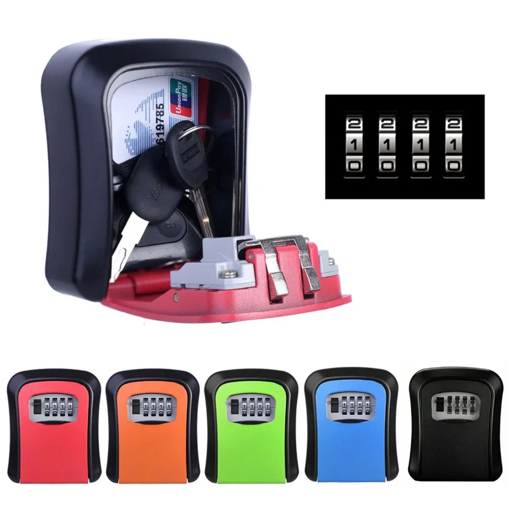 Wall-mounted metal key lock box with a four-digit combination dial, shown open with keys inside and in five colors.